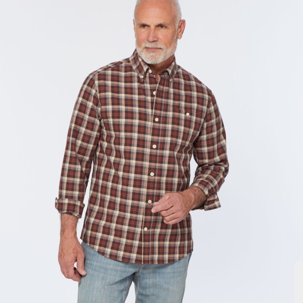 Duluth Trading Men's Casual Oxford Standard Fit Brown Plaid Shirt Sz M